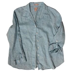 Chico's Womens 2 12/14 Shirt 100% Linen Button Down Roll Tab Sleeves Aqua‎ Blue
